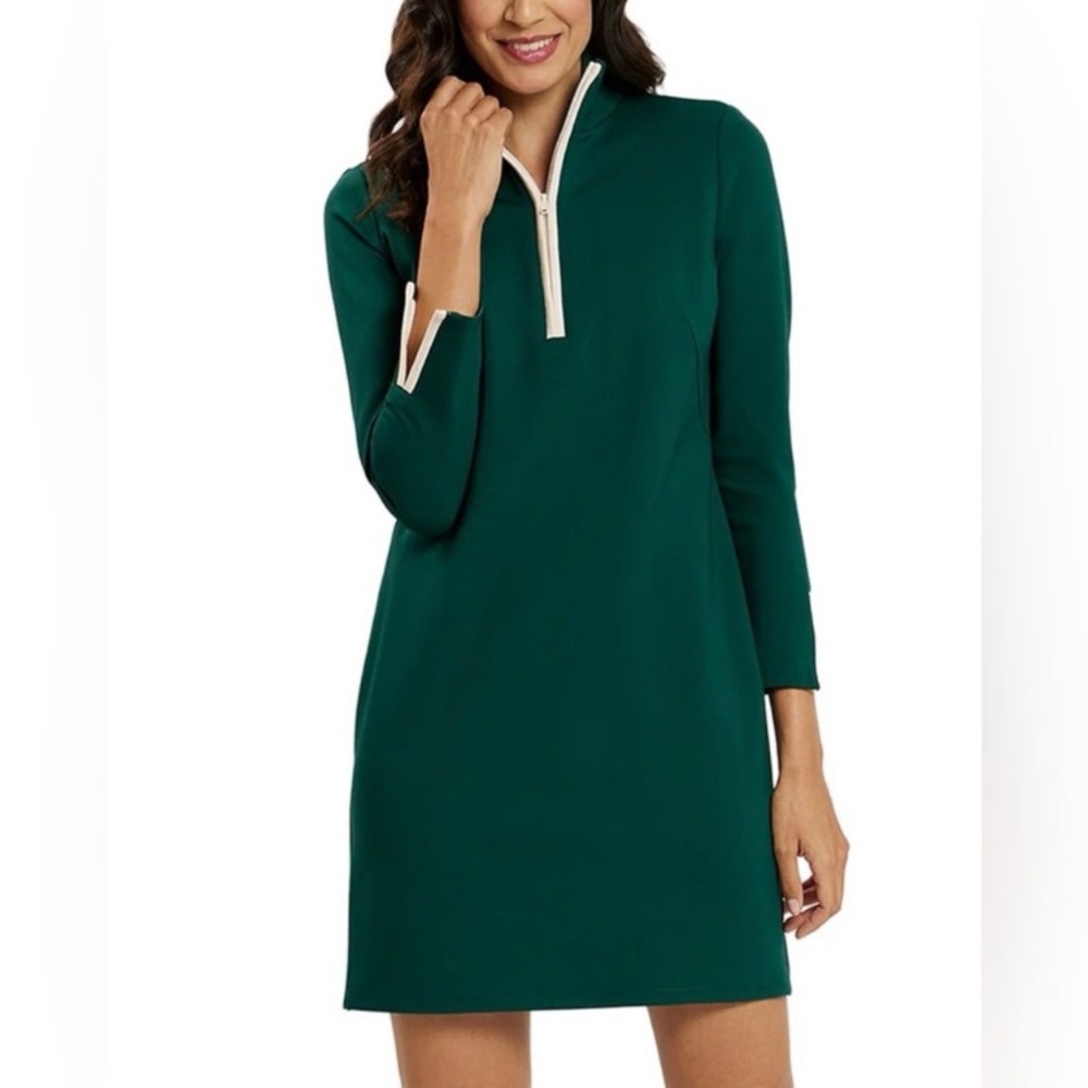 Jude Connally Forest Green Long Sleeve Zip-Front Dress with White Trim - Picture 2 of 11